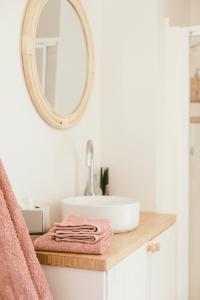 a bathroom with a sink and a mirror at Franklin's Place in Belmont