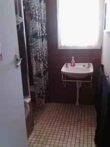 a bathroom with a sink and a shower curtain at Dream Catcher Air B&B in Berri