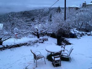 a table and chairs in a yard covered in snow at Dryades in Elati
