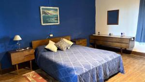 a blue bedroom with a bed and a sink at La Guevarina- Casa de Campo in Tres Esquinas