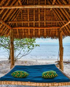two cushions on a blue blanket on the beach at Amani Beach House, Ushongo in Pangani