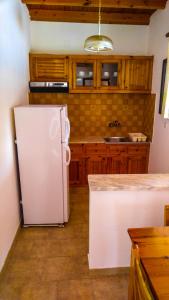 a kitchen with a white refrigerator and wooden cabinets at Gregory-Vassilis Apartments in Dassia