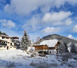 a building in the snow with a mountain in the background at Ferienwohnung Haus Ebner in Patergassen