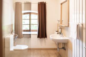 a bathroom with a sink and a toilet and a window at Stanglbräu in Hausen