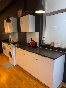 a kitchen with a counter and a washing machine at City Room 2 Stuttgart-Mitte in Stuttgart