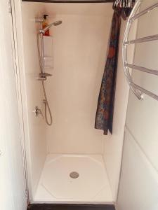 a small bathroom with a shower and a toilet at Wech Cottage in Warkworth