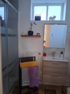 a bathroom with a sink and a mirror at Chez Claire et Olivier in Nabringhen