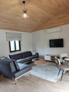 a living room with a couch and a tv at Sera Pansiyon in Cıralı