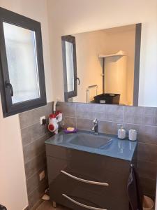 a bathroom with a sink and a mirror at Gîte du Courbier in Saint-Montan
