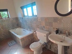 a bathroom with a tub and a toilet and a sink at Wakanda on Hartbeespoort Dam in Hartbeespoort +40 photos