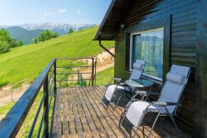 eine Terrasse mit zwei Stühlen und einem Tisch an einem Haus in der Unterkunft Colnic Tiny House in Măgura