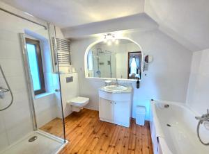 a bathroom with a sink toilet and a mirror at Dworek Adamski in Wałbrzych +44 photos