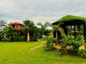 a house with a green roof with a grass yard at Peepal in Aranyaa Cottage Homestay Vrindavan in Vrindāvan +7 photos