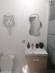 a bathroom with a sink and a mirror on the wall at l'auberge des trois lieux in Calais +12 photos