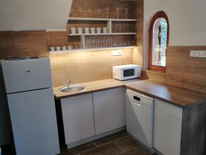 a small kitchen with a sink and a white refrigerator at Vadrózsa Nyaraló in Balatongyörök