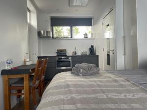 a bedroom with a bed and a table and a kitchen at Gastenverblijf Buitenplaats Wergea contactloos inchecken in Naarderburen