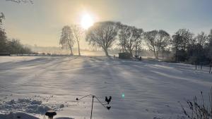 a snow covered field with the sun in the background at Ferienwohnung am Sandwater in Ihlow +15 photos