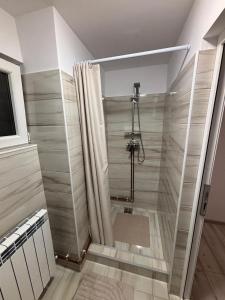 a bathroom with a shower with a shower curtain at La Moieciu pe Deal in Moieciu de Jos +36 photos