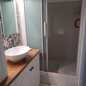 a bathroom with a sink and a glass shower at O'Paloma - appartement T2 au port - Parking - Terrasse in Saint-Cyprien-Plage