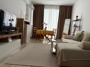 a living room with a couch and a tv at Safirului apartment in Bragadiru