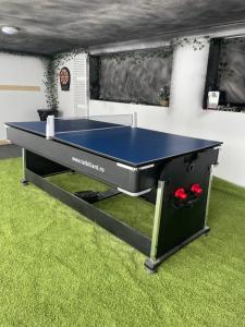 a ping pong table in a room with green carpet at MonteRosso in Mărişel