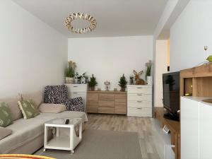 a living room with a couch and a tv at Safirului apartment in Bragadiru