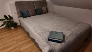 a bedroom with a large bed with a green pillow at Dom pośrodku Roztocza in Oseredek
