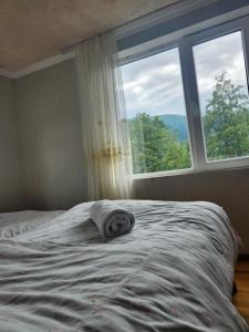 a bed with a towel on it in front of a window at Iason Guest House in Mazeri in Mestia