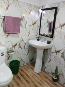 ein Badezimmer mit Waschbecken und Spiegel in der Unterkunft Binu Home stay in Dikwella