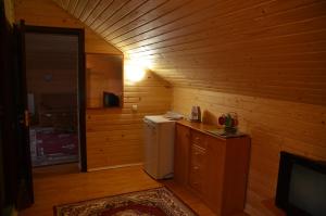 a kitchen with a small refrigerator in a wooden room at Karpatski Zori Hotel in Bukovel