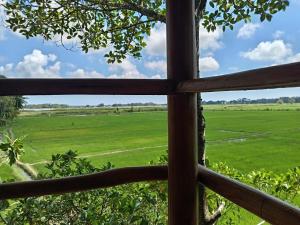 a view from a window looking out at a green field at lake paradise cabana in Tissamaharama