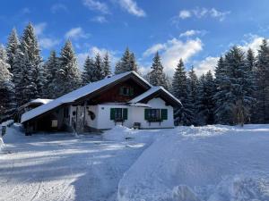 a house covered in snow with trees in the background at Ferienhaus Wimmer in Faistenau