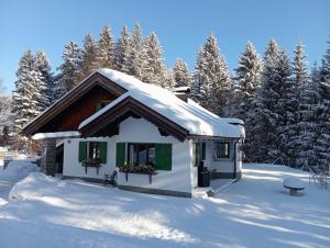 a house covered in snow with trees in the background at Ferienhaus Wimmer in Faistenau