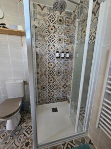 a shower in a bathroom with a toilet and tiles at Studio Conteneur in Cruscades +5 photos