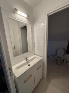 a bathroom with a sink and a mirror and a toilet at Appartement Numéro 3, centre chateau-renault in Château-Renault