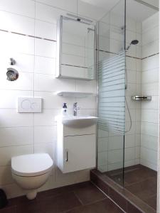 a bathroom with a toilet and a sink and a shower at Ferienwohnung Gessert in Querfurt