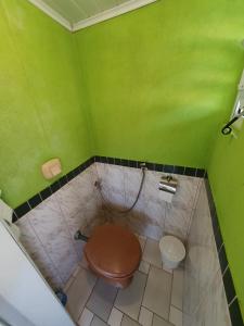 a bathroom with a toilet and a green wall at Céu Azul Casa de Praia in São Sebastião +58 photos