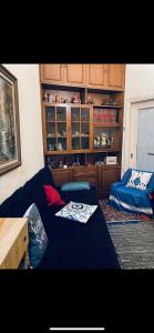 a bedroom with a blue bed and a wooden shelf at Master private room in shared appartement in Athens