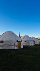 two large domes are sitting in a field at Kel-Suu Kyrgyzstan Yurt Camp in Kol-Suu