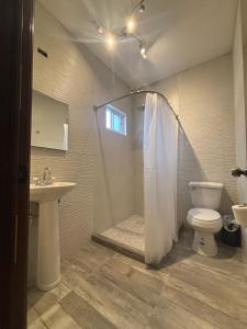a bathroom with a shower and a toilet and a sink at Habitacion Cedro in Saltillo
