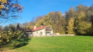 a house with a red roof in a field at Beskydy apartman Four Seasons in Hnojní