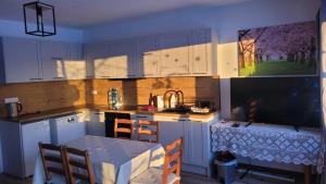 a kitchen with a table and a table and a dining room at Beskydy apartman Four Seasons in Hnojní