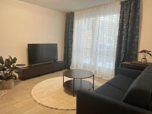 a living room with a couch and a tv and a table at Ferienwohnung Villa Fuchs in Dresden