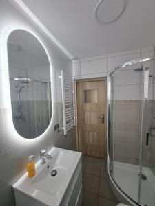 a bathroom with a sink and a mirror and a shower at Agroturystyka Julinka in Olszyny +24 photos