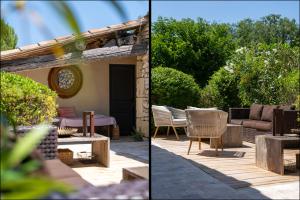 two pictures of a patio with a couch and a table at Mas OREA in Gordes