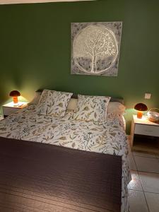 a bed in a bedroom with a green wall at Meuble maison vigneronne in Saint-André-de-Sangonis