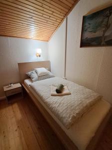 a bedroom with a bed with a tray on it at Sunshine Vendégház Balatonfenyves in Balatonfenyves