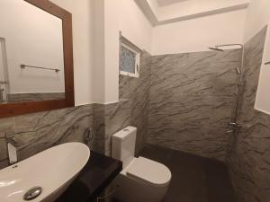 a bathroom with a toilet and a sink and a mirror at Nature Lanka Guest House in Negombo +31 photos