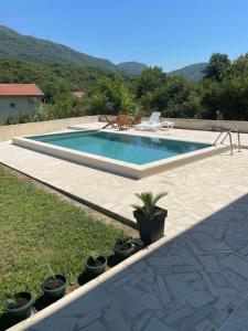 a swimming pool with chairs and plants in a yard at Greystone House Apartments in Kovači