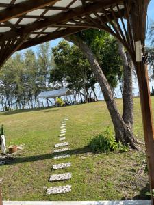 a stepping stone path in a field with a tree at Summerland Seaside Villa in Kampong Telaga Papan